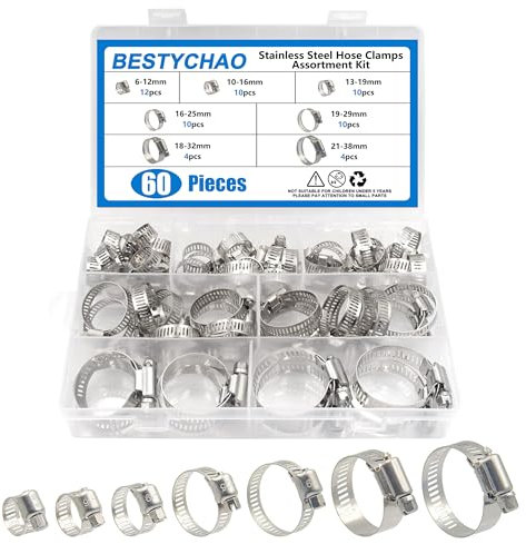 BESTYCHAO Lot de 60 colliers de serrage en acier inoxydable assortis 7 gammes réglables de 6 à 38 mm pour plomberie, automobile et mécanique