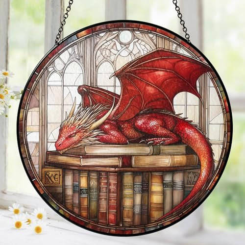 Red Book Dragon Suncatcher for Windows Hanging Hanging Stained Glass Decor Fantasy Book Lovers Gifts for Women Girls Men Kid Birthday Christmas Dragon Themed Gifts Indoors & Outdoors Garden Decoration
