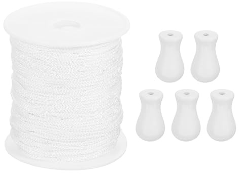 sourcing map 50 Yards Roman Blind Cord 1.8mm Braided Lift Shade Cord with 5Pcs Wood Blind Pull Cord Knobs Pendant for Blind Rollers Roman Shade DIY Crafts, White