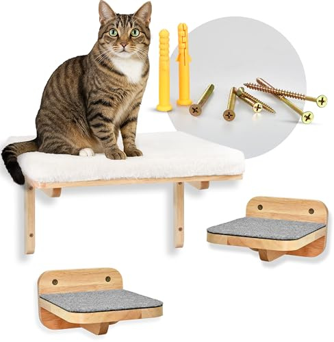 PFOTENGUT® Katzen Kletterwand Set [3 Wandelemente] - Flexible Katzenwand mit großer Wandliege & 2 Treppenstufen inkl. Zubehör zur Wand-Montage [für Jede Katze geeignet]