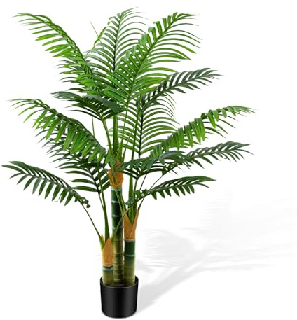 CyanGrove 4ft Tall Golden Cane Artificial Tree Palm Outdoor, Large Artificial Plants Outdoor Faux Palm Tree with 3 Textured Trunks, Fake Tree for Indoor Outdoor Office Living Room Outside Patio