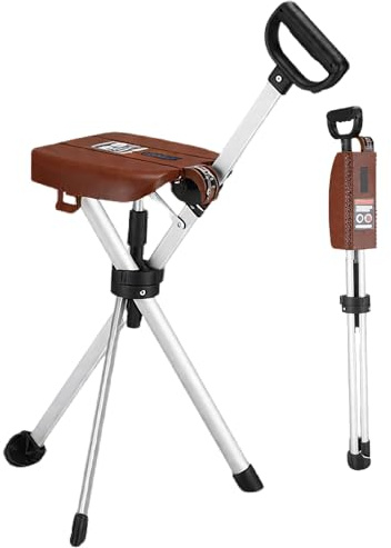 Canne Siege Pliante Légère Canne de Marche en Alliage D'aluminium avec Siège Pliable Légère et Portable Antidérapante et Stable pour Personnes Âgées(Brown)