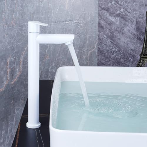 Mitigeur Lavabo Haut Salle de Bain Robinet Monotrou Eau Froide Robinet Vasque a Poser en Acier Inoxydable,Blanc,haut