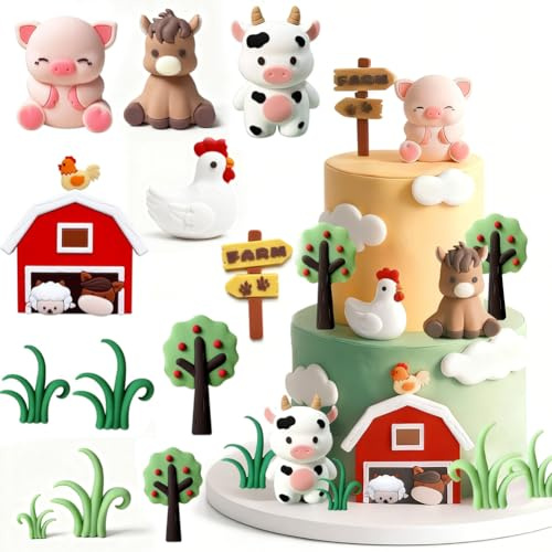 Farm Animal Birthday Cake Decoration 12Pcs 3D Cartoon Farm Animal Cake Topper Pig Cow Horse Chicken Cake Decoration Cupcake Topper Picks for Farm Animal Baby Shower Kids Birthday Party