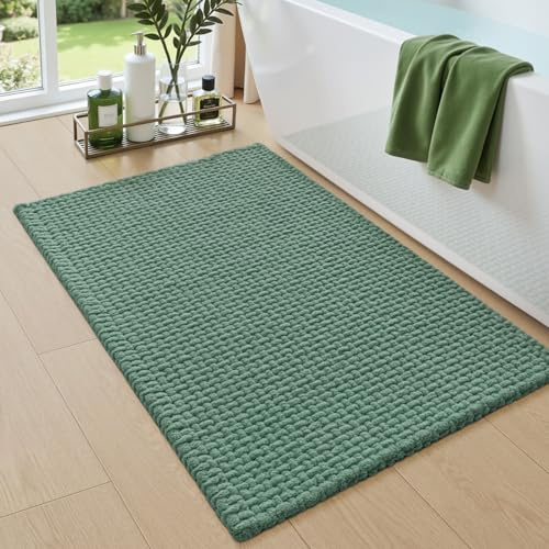 DEXI Chenille Badezimmerteppich 40 x 60 cm Grün, weiche und saugfähige Badematte mit Rutschfester Unterseite, waschbarer Badvorleger für Badezimmer, Dusche & Waschküche