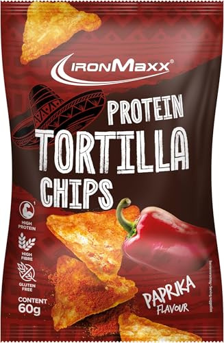 IronMaxx Protein Tortilla Chips – Paprika Bolsa de 60 g | Snack crujiente alto en proteínas de soja y yuca | Rico en fibra y sin gluten | Ideal para una dieta consciente y para llevar (Paquete de 6)