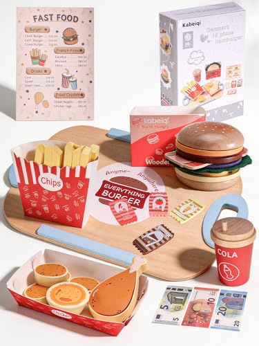 VERTOYCO Kinderküche Zubehör, Küchenspielzeug Küchenzubehör aus Holz, Lebensmittel Fast Food mit Papiergeld, Burgern, Pommes und Chicken, Pädagogisches Rollenspiel Geschenk Für Kinder Ab 3 Jahren