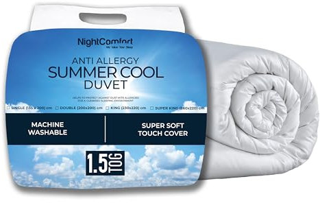 Night Comfort Summer Cool 1.5 Tog Anti-Allergy Single Duvet - Breathable Premium Microfibre Cover with Lightweight Hypoallergenic Hollowfibre Filling Bedding Quilt - (200cmx135cm, White)