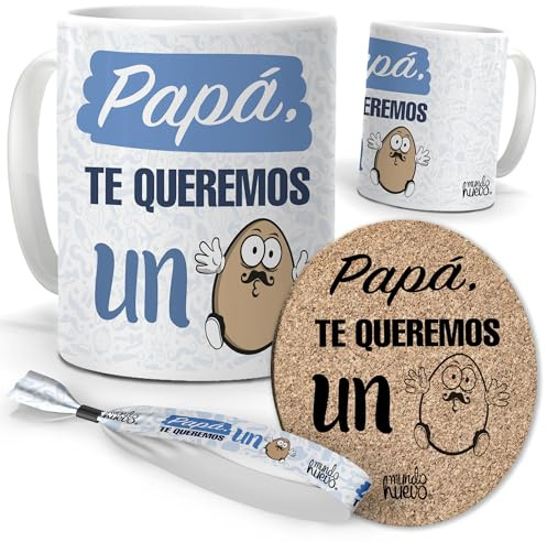 mundohuevo Taza Cerámica Día del Padre | Papá Te Queremos | Incluye Posavasos y Pulsera | Apta para Microondas y Lavavajillas | 350 ML, Taza Divertida para Papá Te Queremos