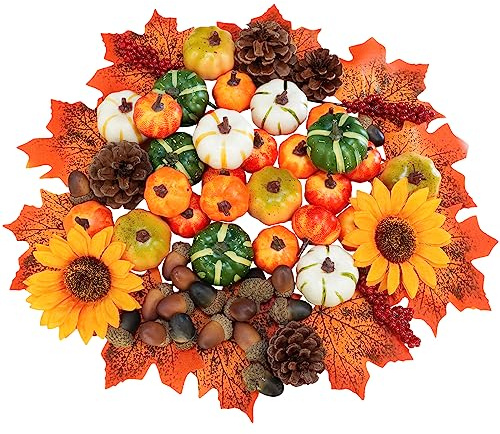 68 Pcs Assorted Mini Artificial Pumpkins with Maple Leaves Pinecones Acorns Sunflowers Berries Fall Decorating Kit for Fall Wedding Thanksgiving Halloween Table Centerpiece Wreaths Vase Bowl Fillers