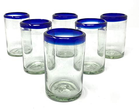 Lot de 6 verres à jus mexicains soufflés à la main avec bords bleu cobalt (226,8 g chacun)