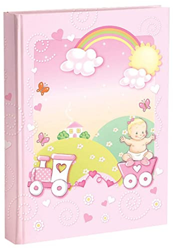 Álbum de fotos de nacimiento con agenda 23 x 30 cm 56 páginas en blanco y 4 páginas personalizables en cartulina gruesa y resistente intercaladas con pergamino, tren rosa