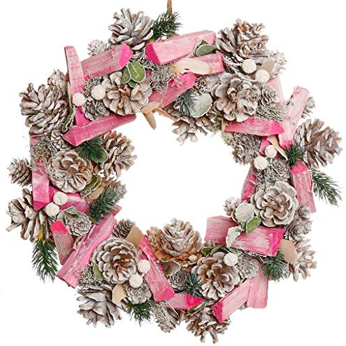 Spring Summer Wreath Large 14 Front Door Wreath Hanging Garland (Pink) | Summer Decoration, Front Door Wreath, Garland, Pink Wood, Pine Cone, Green Leaf, Hanging String, Whitewashed