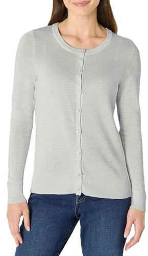 Amazon Essentials Women's Lightweight Crewneck Button-Down Cardigan Sweater (Available in Plus Size), Grey Heather, Large