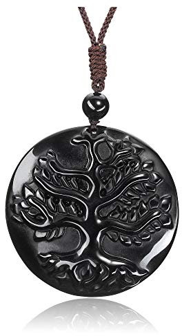 Jovivi Pendentif arbre de vie en obsidienne - Chaîne réglable - Guérison Reiki - Collier porte-bonheur - Bijou pour homme et femme, Gemme, Obsidienne