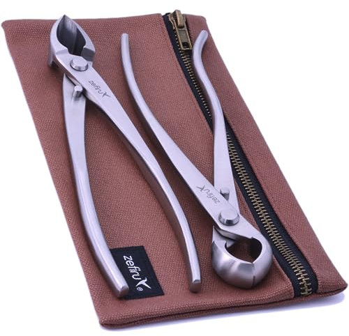 Kit di Attrezzi per Bonsai da 210 mm in acciaio inox - Tronchese Sferica, Tronchese Concava dal taglio dritto e custodia in tela cerata