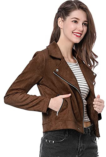 Allegra K Chaqueta de motociclista corta de gamuza sintética suave con cremallera para mujer, Marrón oscuro, S