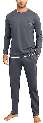 Aseniza Herren Schlafanzug Lang Pyjama Baumwolle Winter Zweiteilige Pyjamas mit Langarmshirt und Schlafanzughose für Männer,Grau,L