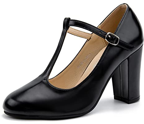 Women's T-Strap Mary Jane Pumps, Chunky Heel, Vintage Style, 3.54 Inch Round Toe Dress Shoes Matte Black US 7.5