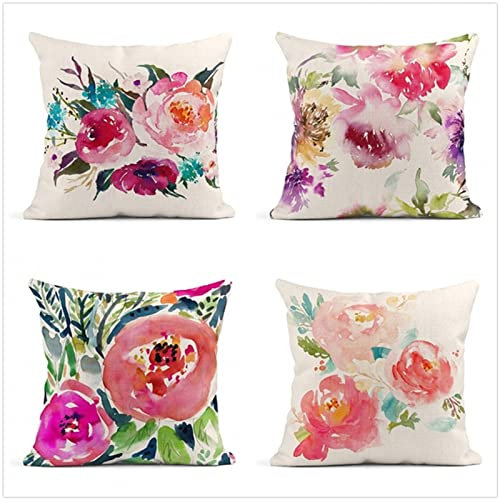 Kissenbezug 35x35cm 4er SetBoho Wohnzimmer Outdoor Deko, Schlafzimmer Zimmer Dekor Kissenhülle Kissenbezüge mit Verstecktem Reißverschluss, Couchkissen, Sofakissen Weinachten Farbenfrohe Blumen