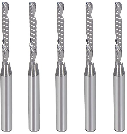 1/8 Zoll nach unten geschnittene einzelne Flöte (O-Flöte) Spirale End Mill CNC Fräser Stückchen,mit 0.08 Zoll (2mm) Ausschnitt Dia,43/64 Zoll (17mm) Schneidlänge für Acryl PVC MDF Holz Pack von 5