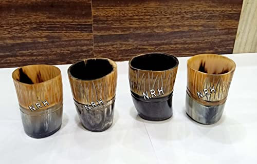 Taza de cuerno vikingo hecha a mano medieval, auténticos vasos de cerveza de cuerno de aguamiel/vaso de chupito de cerveza (negro natural, juego de 4)