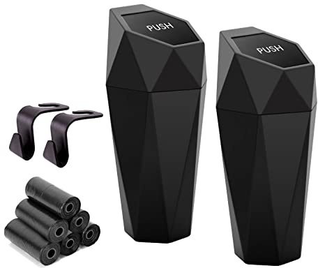 Ginsco Car Trash Can Cup Holder, 2 Pack Mini Trash Can with Lid, Car Accessories for Interior, Leakproof Small Trash Cup for Home with Additional 2 ABS Hooks and 90pcs Trash Bags Black