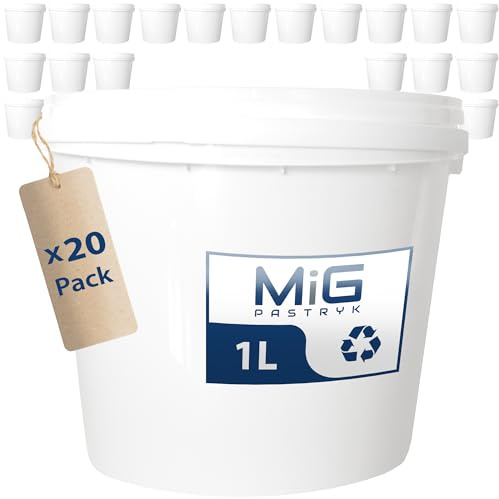 MIG Eimer mit Deckel 1L weiß - 20x 1 Liter stapelbare Plastikeimer mit Deckel - Vielseitiger Baueimer mit Deckel für Haushalt und Industrie - Kleiner Kübel mit Deckel geeignet für Hundefutter