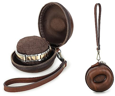 Hiram Uhren-Reiseetui, Echtleder-Uhrenbox mit abnehmbarem Handband für 1 Uhr, tragbarer Reißverschluss, Uhren-Organizer für Uhren-Zifferblatt bis 54 mm (Rot-braun)