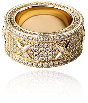 Verlobungsring für Männer und Frauen Hip Hop Iced Out Gold Plated Ring CZ Punky Rappers Ring für Party,Gold,10