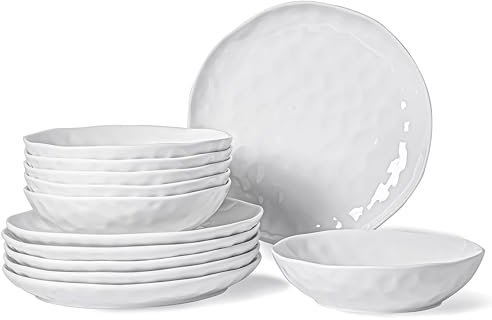 HOMBENE Weißes Geschirr-Set, 12-teiliges Service für 6, Porzellan-Geschirr-Sets, Übergröße, Teller-Set für Dessertsalat und Nudeln, Geschirr-Set