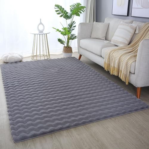 HomebyHome Teppich 200x290 cm Grau, Flauschiger Teppich in Felloptik mit Hoch-Tief Struktur & Bubble-Design, Super Weich, Plüschig, Ideal für Wohnzimmer & Schlafzimmer