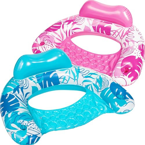 SLOOSH Bouées Gonflables pour Adultes, Lot de 2 Chaises de Piscine avec Porte-Gobelets, Chaise Flottante Gonflable, Motif Feuilles pour Détente, Estival, Fête Piscine Plage, Bleu, Rose