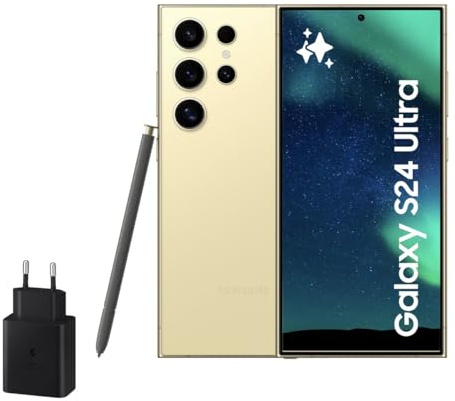 Samsung Galaxy S24 Ultra y Cargador 45W, Teléfono Móvil con IA, Smartphone Android, 12 GB RAM, 512 GB Almacenamiento, Cámara 200MP, S Pen, Batería Larga Duración, Amarillo Titanium (Versión Española)