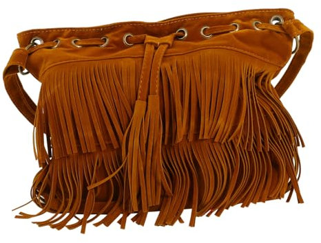 WRITWAA Braune Damen Umhängetasche Mit Fransen Quaste Retro-stil Bucket Bag Crossbody Tasche Für Verschiedene Anlässe