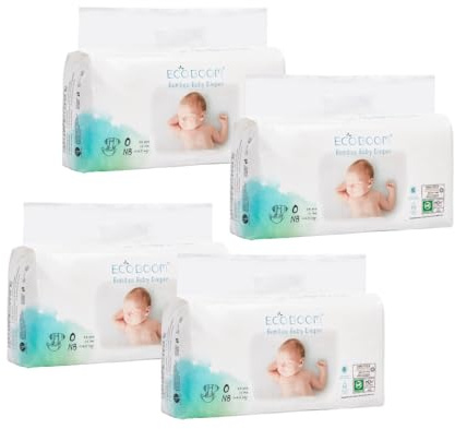 ECOBOOM - Pañal Ecológico de BAMBÚ Eco Boom. 70% Biodegradable, Hipoalergénico (TALLA 1/NB, < 3KG, PACK 4 BOLSAS, TOTAL 136 PAÑALES)