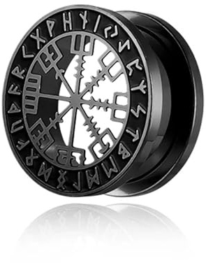 BlackAmazement 316L Edelstahl Flesh Ohr Tunnel Plug Piercing Vegvisir Aegishjalmur Aegishjalmr Wikinger Symbol Schreckenshelm Runen Kreis schwarz silber Biker Herren
