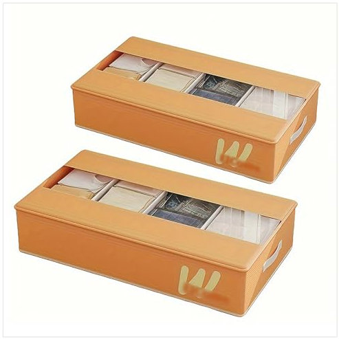 RYJYQYX Unterbettkommoden Faltbar mit 5 Verstellbaren Trennwänden, Unterbett Aufbewahrung mit transparenter Deckel, Unterbettkommoden für Schuhe,Kleidung,Stiefel,Spielzeug,Taschen,Orange-2Pcs