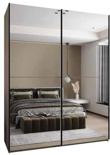 MEBLE KRYSPOL LUX 2 Schrank, 2 Schiebetüren mit Spiegel, geräuschlos schließend - System HETTICH Topline L - für Wohnzimmer, Schlafzimmer - 245,5x190x64cm - Kaschmir, Kaschmir, Schwarz