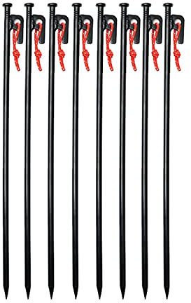 Robuste Zeltheringe, Zeltpflöcke, Campingzeltpflöcke, mit Haken und Loch, mit robuster Tragetasche, für Outdoor-Ausflüge, Wandern, Gartenarbeit, große, harte Böden, felsig, schwarz (schwarz, 8 St