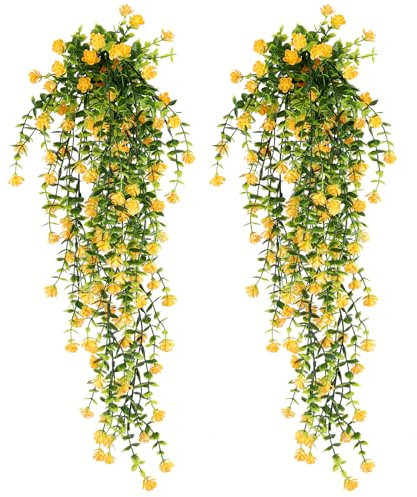 Artificial Hanging Flowers, 2 Pcs Yellow Artificial Flowers, UV-Resistant Artificial Hanging Plants Fake Hanging Flowers for Wall Home Garden Yard Patio Wedding Indoor Outdoor Decoration