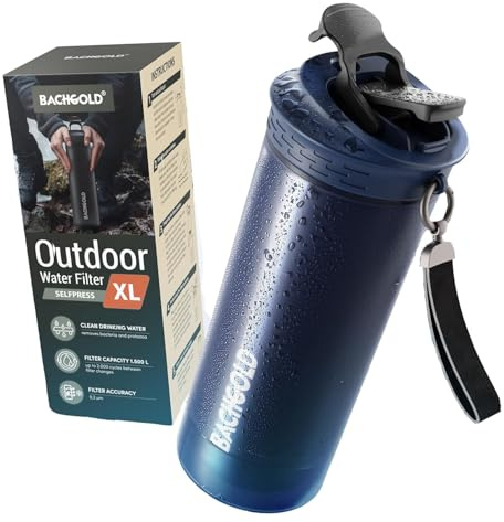BACHGOLD Botella filtro purificador para exterior capacidad de filtrado 1500 L I Elimina el 99,99 % de las bacterias y filtra microplásticos,partículas y cloro I Para situaciones críticas, Azul 800ml