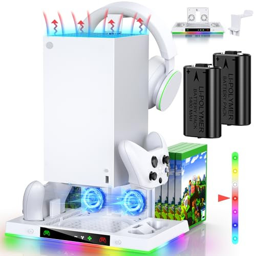 LED Cooling Stand and Charging Station for Xbox Series X Console ＆ Controller, Cooling Fan Station for Xbox Series X Accessories with 2X 1400mAh Rechargeable Battery Pack, 15 Light Modes, Snow White