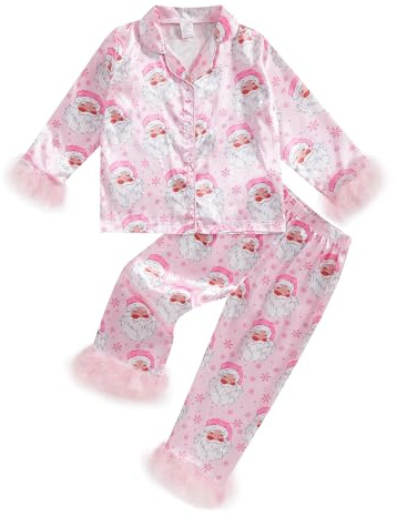 Nicoxijia Toddler Girl Boy Christmas Satin Silk Pajamas Sets Button Down Sleep Shirt Top Pants Christmas Pjs Nightgown Outfit (Pink, 3-4 Years)