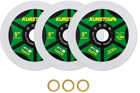KURSTOL Disque Diamant pour Verre - 125mm X 3 Disques à Tronçonner Diamantés pour Verre, Jade, Cristal, Bouteille de vin, Carreau de céramique, avec 22.23-15.875mm Alésage