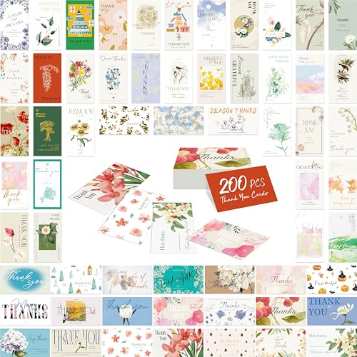 200 PCS Tarjetas de Agradecimiento, 60 Diseños Delicados para Todas las Ocasiones, Tarjetas de Agradecimiento Pequeñas para Regalos de Negocios, Fiestas, Bodas y Cualquier Ocasión (5 cm x 9 cm)