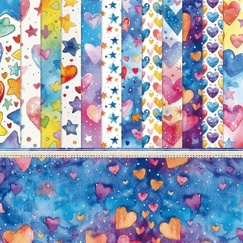 Scrapbook Papier Blau Scrapbook Bastelpapier, 48 Blatt Decoupage Papier Block mit Liebe Stern Muster, 15.2x15.2 cm/6x6 in Einseitiges Niedlich Dekorpapier für Journal Scrapbooking