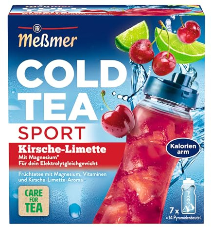 Meßmer Cold Tea Sport Kirsche-Limette – Kaltaufguss mit 14 Pyramidenbeuteln | Erfrischend kalter Früchtetee mit Magnesium & Kirsch-Limetten-Aroma, ohne Zuckerzusatz, ideal für Sport – 2 Beutel für 500 ml