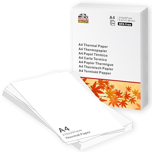 Double Dragon Papier Thermique A4 | 100 Feuilles | 210x297mm (8.27 x 11.69) | Compatible avec Phomemo M08F, M832, M834, Q302, Brother, Munbyn et autres imprimantes thermiques A4 (100 feuilles)