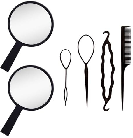 2 Piezas Espejo Redondo Negro Y 4 Piezas Peluquería, Espejo De Mano, Espejo De Maquillaje Portátil, Accesorios De Viaje.